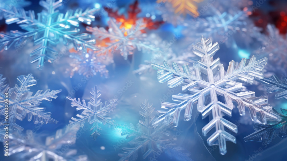 New Year and Christmas holiday background with snowflakes on blue background with bokeh and red backlight. Atmosphere of winter fairy tale and fun. Close-up. Copy space.