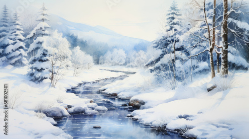 Winter peaceful landscape. Calmly flowing small river among snow-covered trees on frosty winter day. Large snowdrifts and mountains. Copy space.