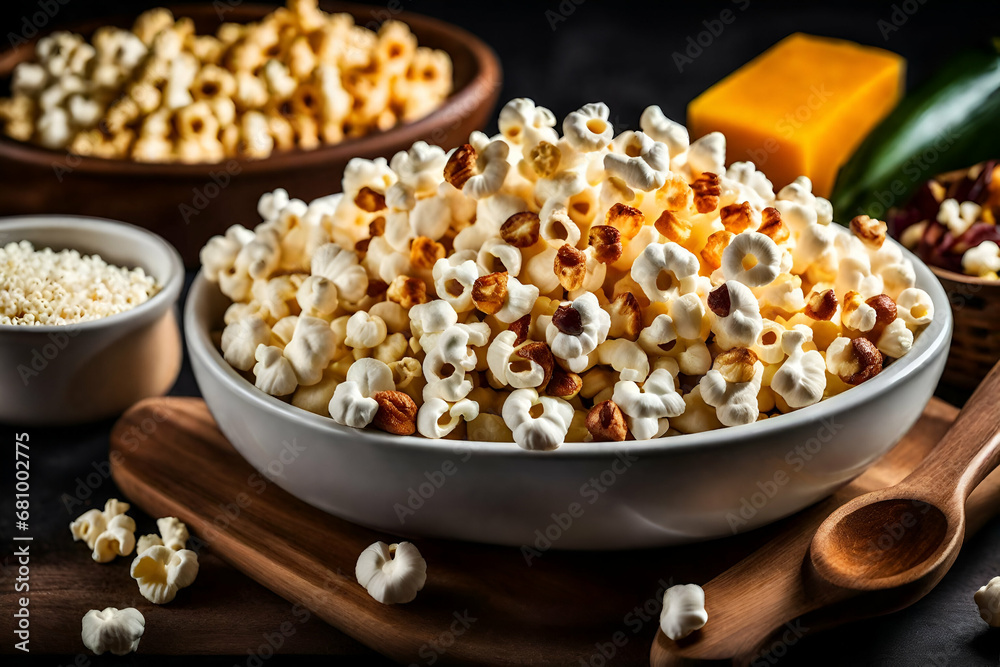 A Generous Bowl of Popped Corn Adorned with Rich Butter, Savory Salt, and Parmesan Elegance generative AI A Generous Bowl of Popped Corn Adorned with Rich Butter, Savory Salt, and Parmesan Elegance generative AI