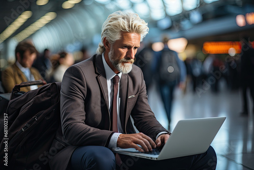 Thoughtful senior businessman is working on laptop while sitting in lobby waiting for flight