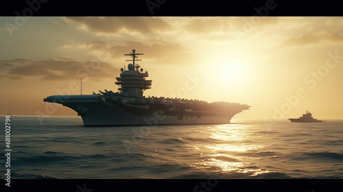 A powerful naval fleet on the open seas. Concept of naval capabilities. Generative Ai.