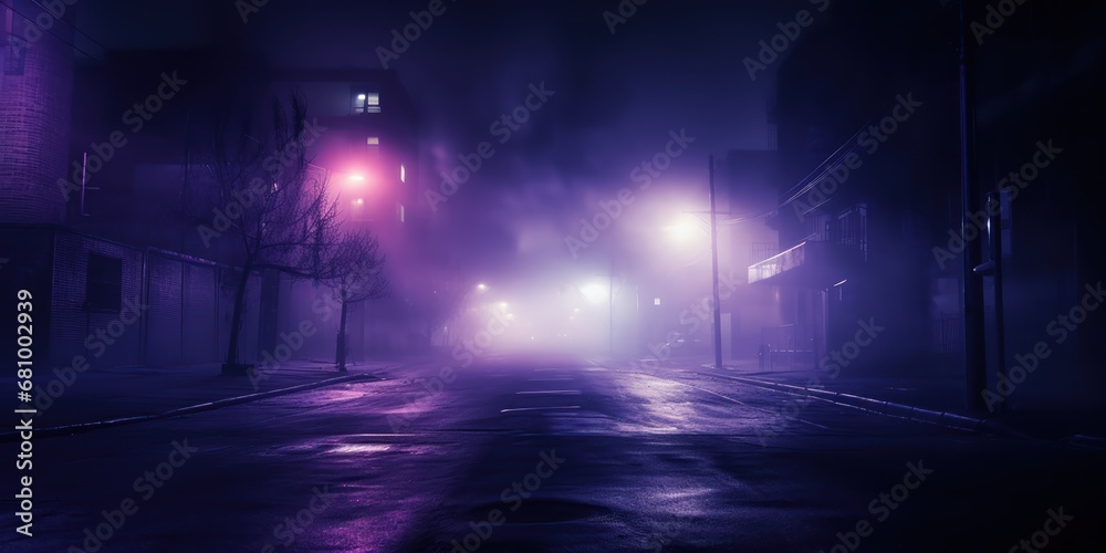 An eerily empty street under a haze of smog and darkness.