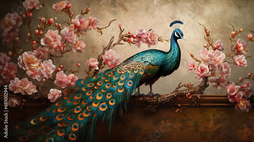 Watercolor painting of a bird on a tree branch. Beautiful peacock - Generative AI