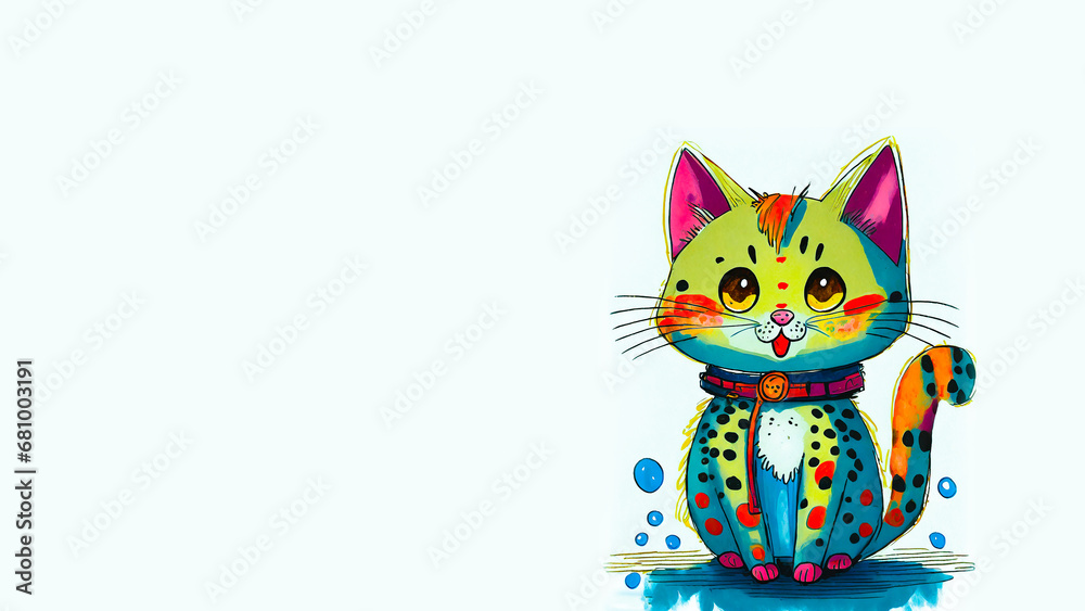 A cute colorful cat with big eyes wearing a locket. Ai generated