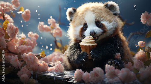 Cute panda eating ice cream. generative ai photo
