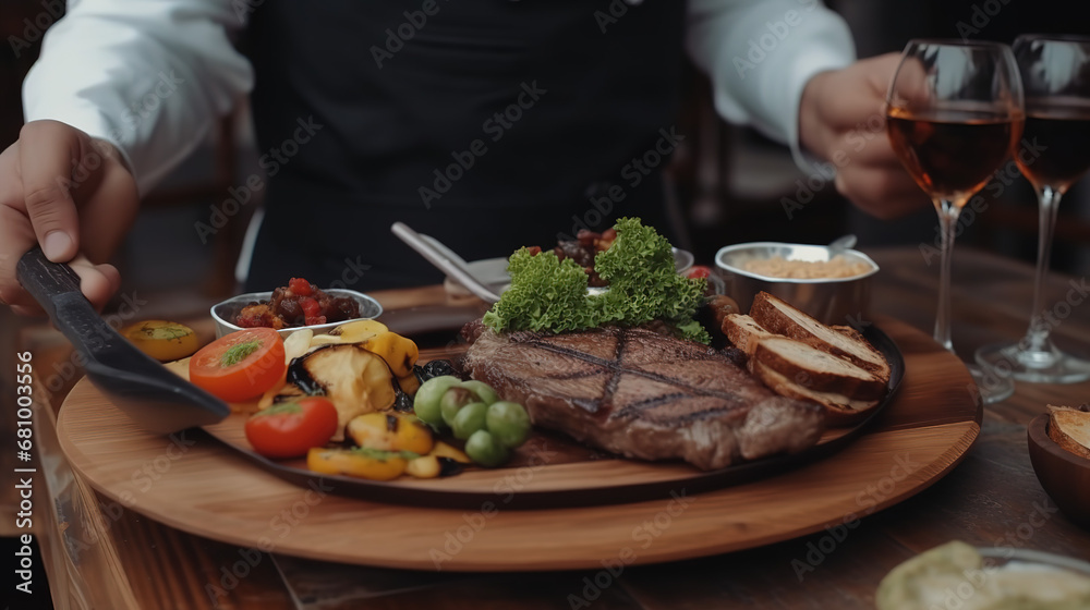 Exquisite Steak Presentation: A Chef in a Commercial Kitchen is Captured in a Close-up, Expertly Placing a Grilled Steak for Service - Generative AI