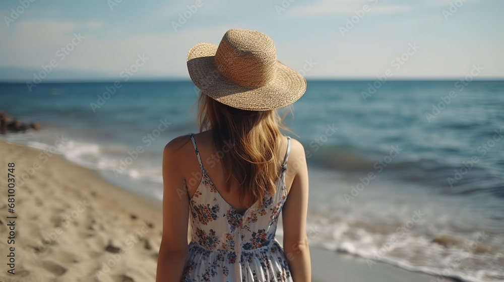 A young girl in a hat and white dress on the beach in the background of the ocean. Thailand, Bamboo Island - Generative AI