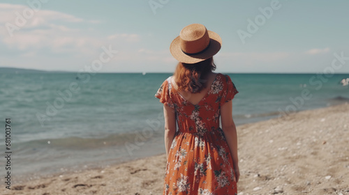 A young girl in a hat and orange dress on the beach in the background of the ocean. Thailand, Bamboo Island - Generative AI