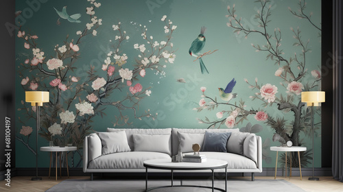 Living room interior with white sofa Chinoiserie parrot with a palm tree in a tropical setting in classic painting style - Generative AI