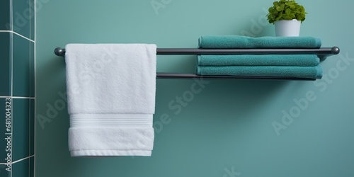 A single towel hanging on a rack in the bathroom. photo