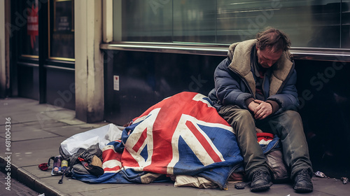 A homeless man sleeps sitting on the street of a European city, covering his belongings with a blanket in the colors of the flag of Great Britain. The concept of extreme need and poverty. Close-up.