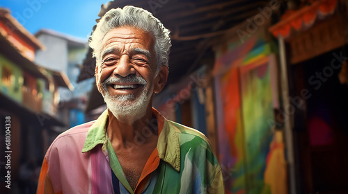 A happy elderly man on the street with colorful houses in the favelas of Brazil. The man looks into the camera and smiles. The concept of resilience and love of life. Close-up. © Marina_Nov