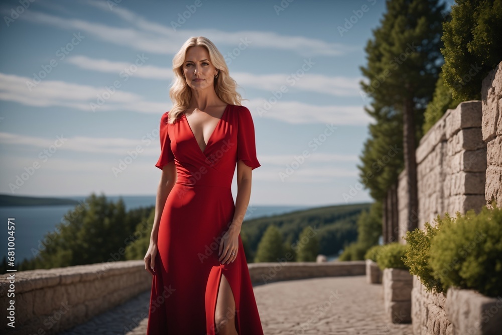 Sommerliche Eleganz: Stilvolle, reife elegante schwedische Blondine in rotem,  Sommerkleid posiert im Freien.