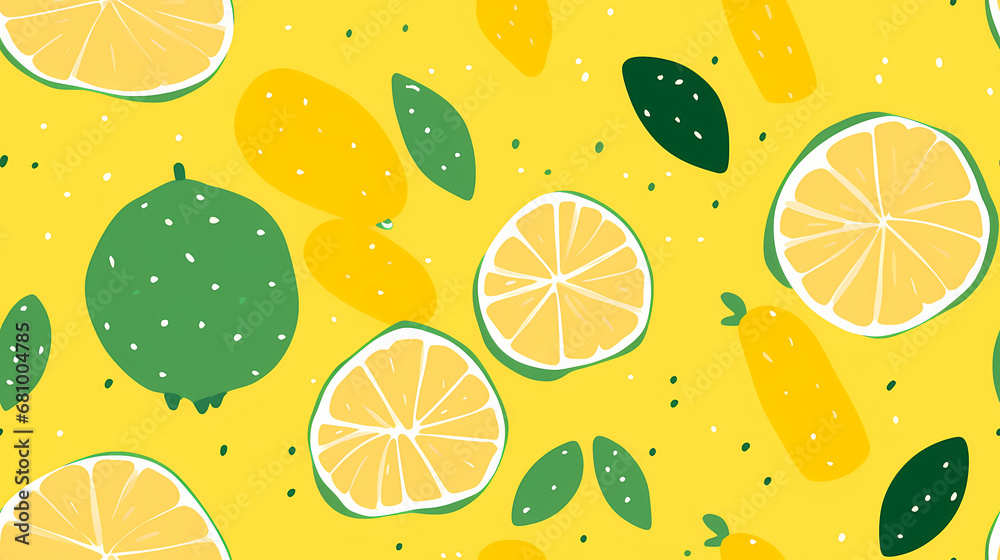 Minimalistischer Risograph-Druck mit Zitronen auf gelbem Hintergrund, nahtloses Muster