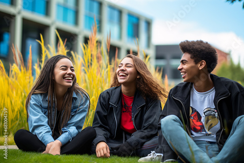 Group diverse students are sitting outside laughing in the summer on campus garden, urban industrialism, culturally diverse