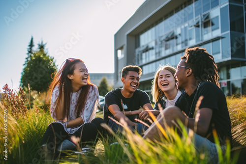 Group of four diverse students are sitting outside studying and laughing in the summer on garden grass, urban industrialism, culturally diverse