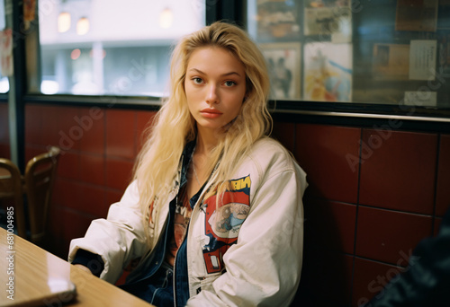 A Caucasian blonde teenager woman in streetwear outfit sit in restaurant, 1990s style  washed colors, vibrant, analog