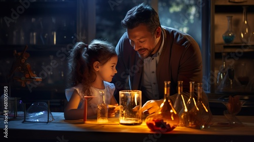father and daughter doing science photo