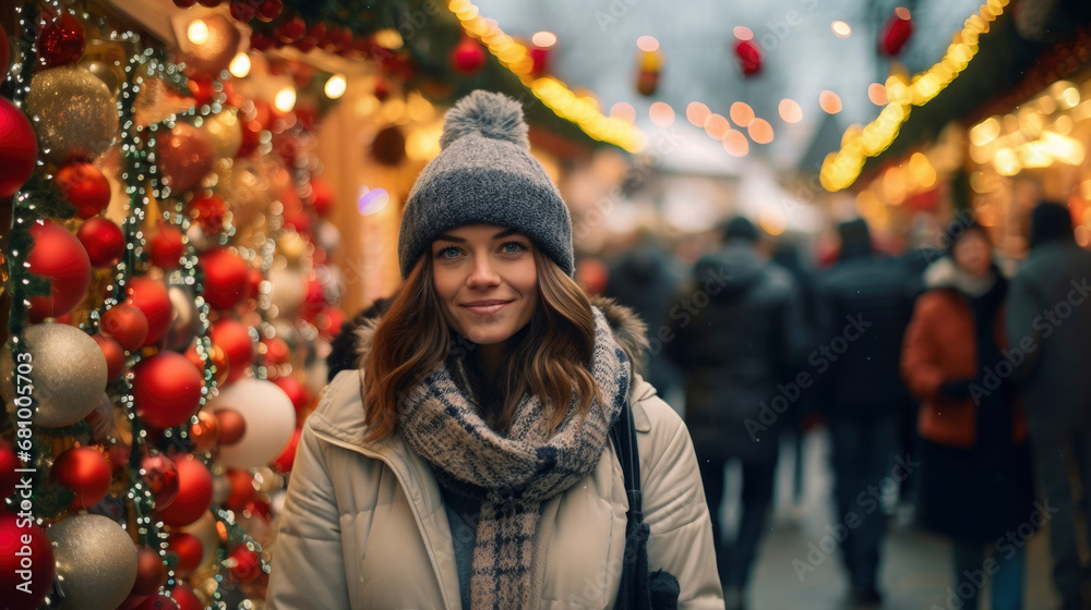 A woman walking down a street wearing a hat and scarf. Generative AI A woman walking down a street wearing a hat and scarf. Generative AI