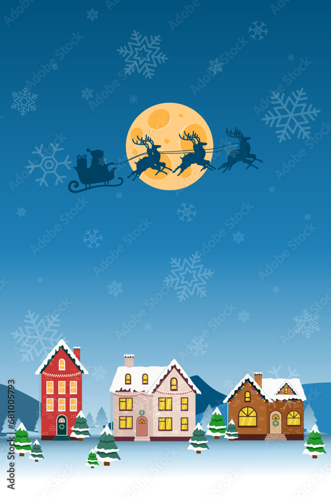 Fototapeta premium Christmas night scene with Santa Claus rides over scandinavian colorful houses