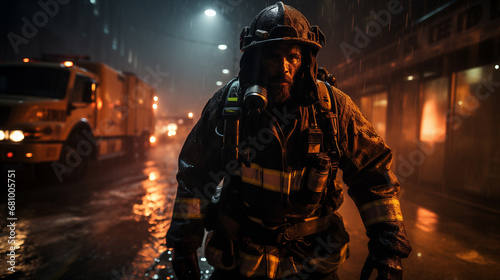 Vigile del fuoco cammina durante un'intervento per spegnere il fuoco in un ambiente urbano di notte con fumo e pioggia photo