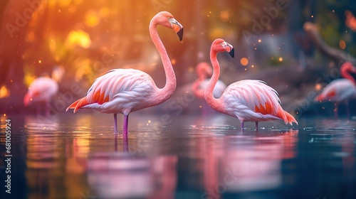 pink flamingos in the fantasy lake , landscape wallpaper © Damerfie