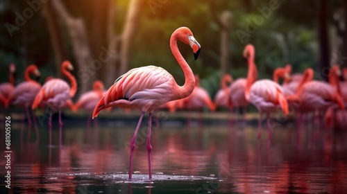 pink flamingos in the fantasy lake , landscape wallpaper photo