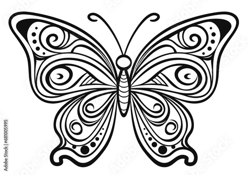 Outline drawing of butterfly. Vector illustration. Black line. Wings with a pattern.