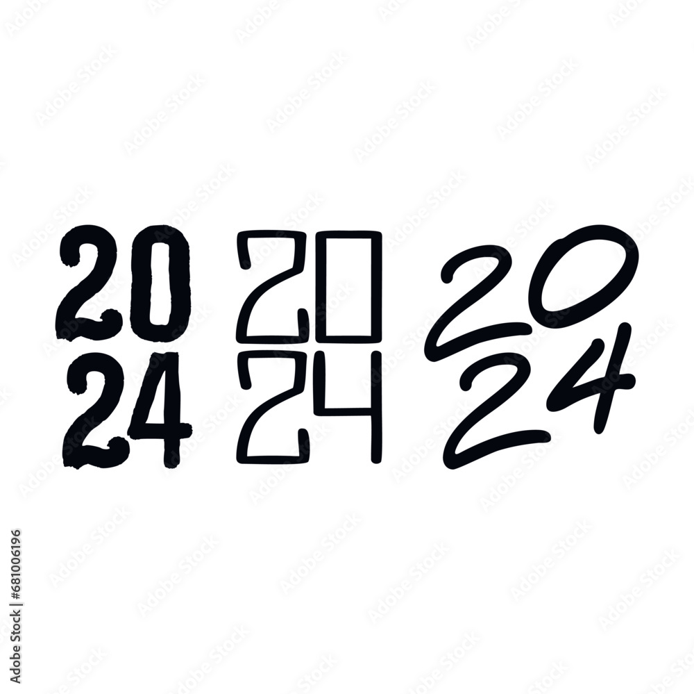 Set of 2024 handwriting font. White background. Isolated typography vertical bold text. Vector