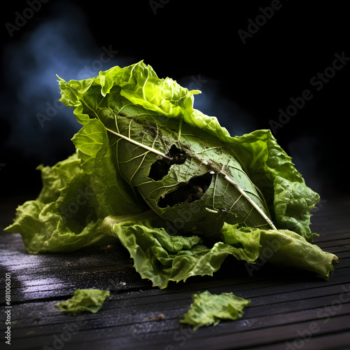 Lettuce leaves in a toxic smoke on a black background.