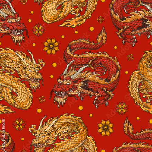 Fantastic dragons colorful pattern seamless