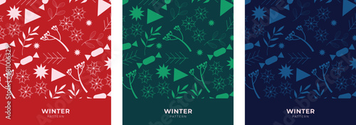 Winter patten snowflakes, candies, Christmas tree, on colored backgrounds. Set of vector pattens for holiday packaging. Vector drawing, design elements.