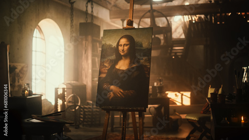 The Famous Painting of the Mona Lisa Resting on an Easel Stand in an Old Art Workshop. Warm Atmosphere Inside a Renaissance Creative Space full of Inspiration
