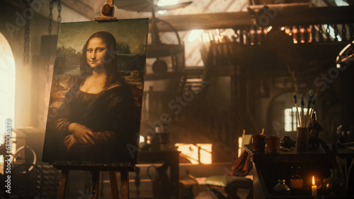 Renaissance Aesthetics: Empty Shot with no People Presenting the Famous Painting of the Mona Lisa Resting on an Easel Stand in an Old Art Workshop. Recreation of Leonardo Da Vinci's Creative Space photo