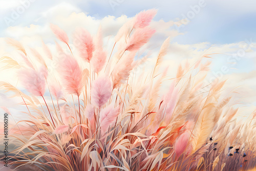 Trendy botanical background with fluffy pampas grass Cortaderia. Aesthetic nature landscape. 