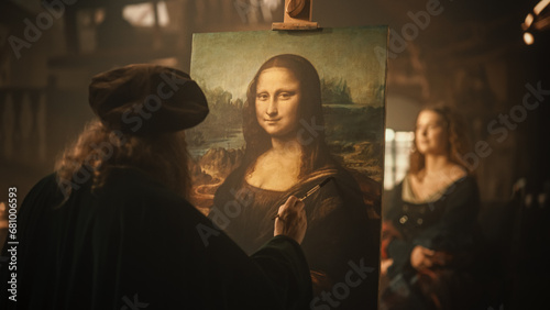 Re-enactment Documentary Scene for The Process of the Creation of the Mona Lisa Painting: The Genius Leonardo da Vinci Making the First Layer of Shadow in his Masterpiece on Canvas in his Art Workshop photo