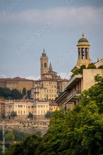 Bergamo, Italy. View of old town city center and Basilica of Santa Maria Maggiore. Touristic destination