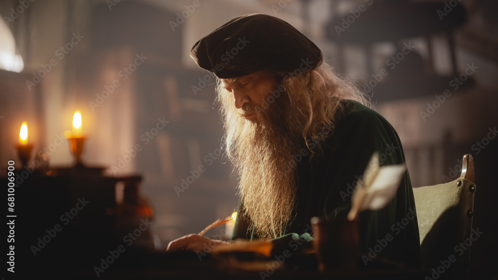 Portrait of an Old Renaissance Male Inventor Writing and Thinking about New Ideas. Genius Author Working on his Next Book, Writing a Play, Being Creative and Innovative. Artist Feeling Inspired