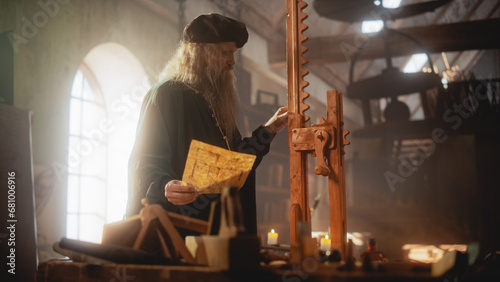 Portrait of Old Renaissance Male Inventor Working on Mechanical System as Part of his Next Creation. Man of Science Working on Innovative Project in his Workshop, Consulting Notes, Testing his Theory