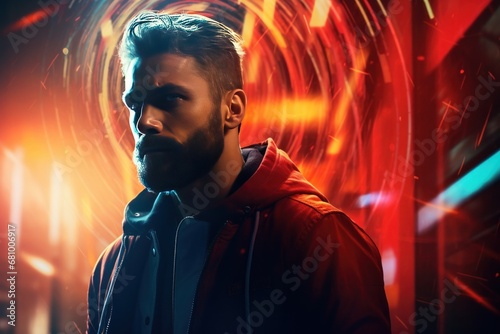 Bearded man in red jacket against abstract light background. Modern style portrait.