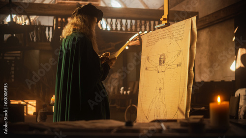 The Blend of Art and Science: Documentary Shot of Leonardo Da Vinci Working on his Famous Piece of the Vitruvian Man in his Workshop. Historical Moment Depiction of Talent and Brilliance photo