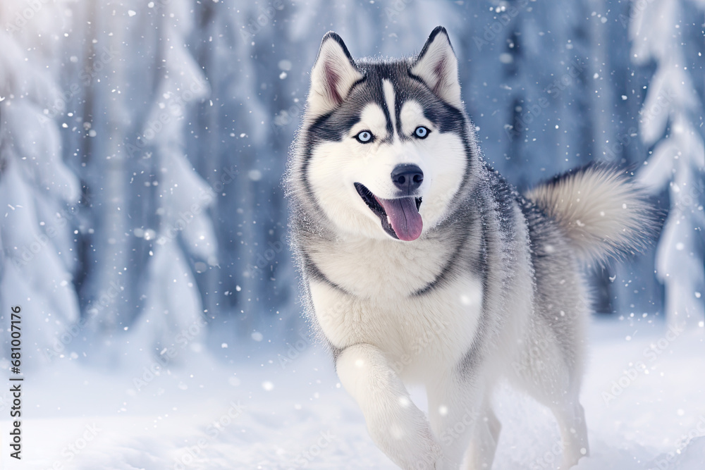 Siberian husky dog running in the winter forest with snowflakes
