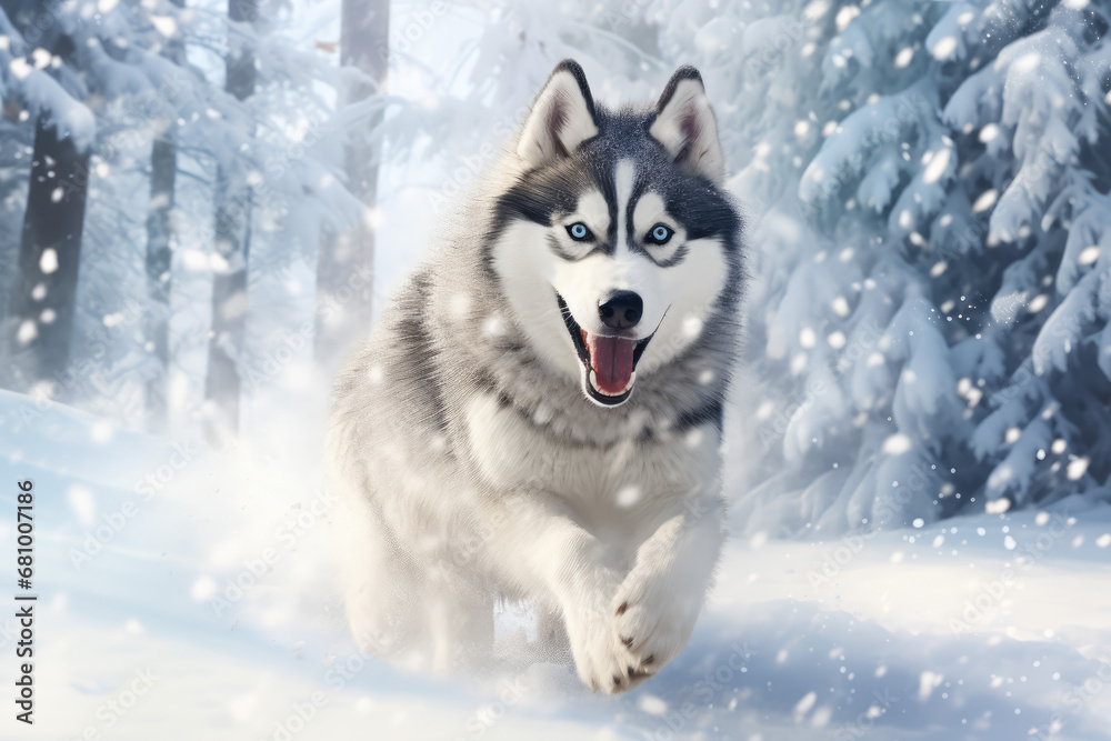 Siberian husky dog running in the winter forest with snowflakes