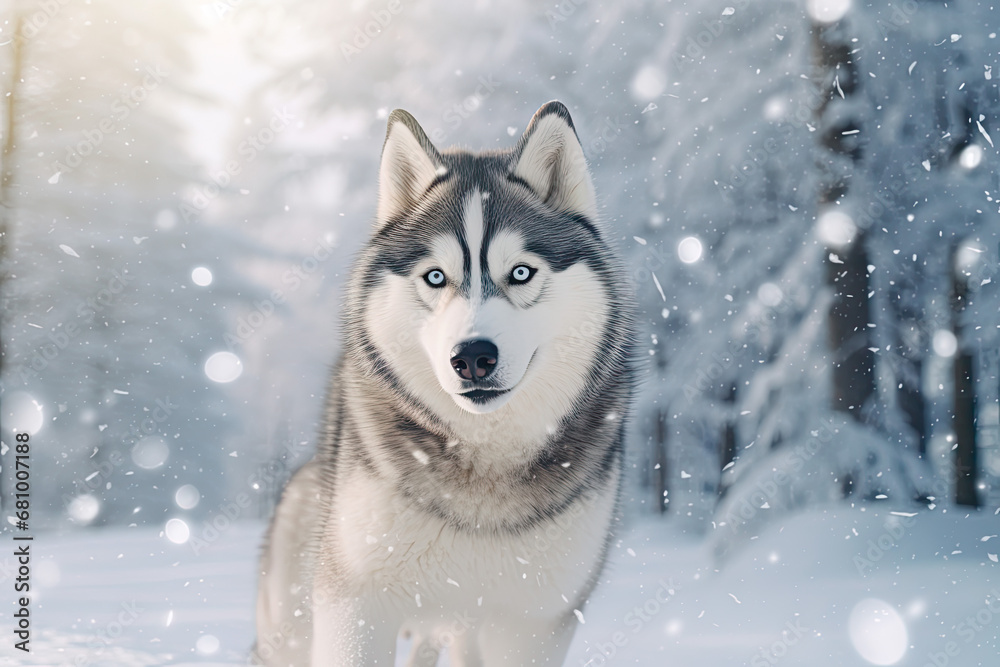 Siberian husky dog running in the winter forest with snowflakes Siberian husky dog running in the winter forest with snowflakes