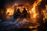 Firefighters extinguish a fire in a residential building at night.