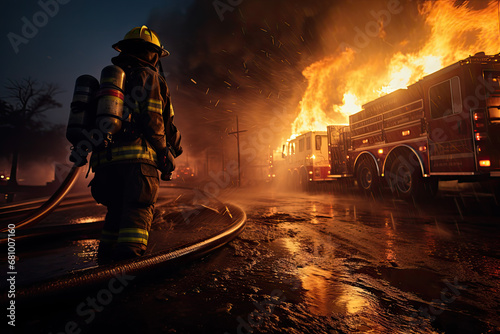 Firefighters extinguish a fire in a residential building at night.