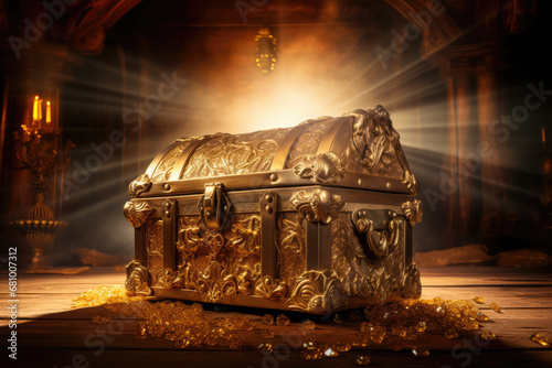 Treasure chest full of gold coins on dark toned foggy background photo