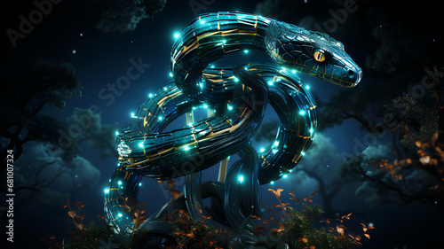 Serpent réaliste et robotique créer par une intelligence artificiel, animaux du futur, led, lumière et néon sur le corps photo
