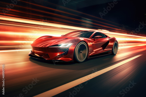 Sport car on the road with motion blur background. 3d rendering