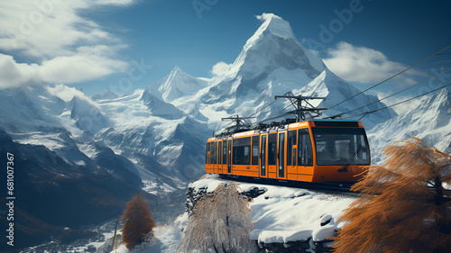 Train en déplacement au milieu des montagnes Suisse, neige, Europ, train, magnifique paysage, Zermatt, Cervin, Switzerland © Johnny